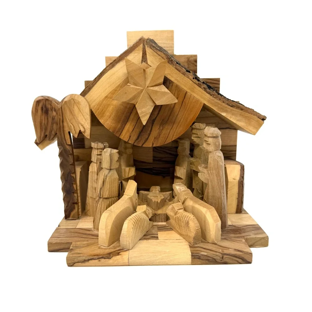 Hand Carved Olive Wood Nativity Scene Stable Creche Music Box Christmas Decor‎